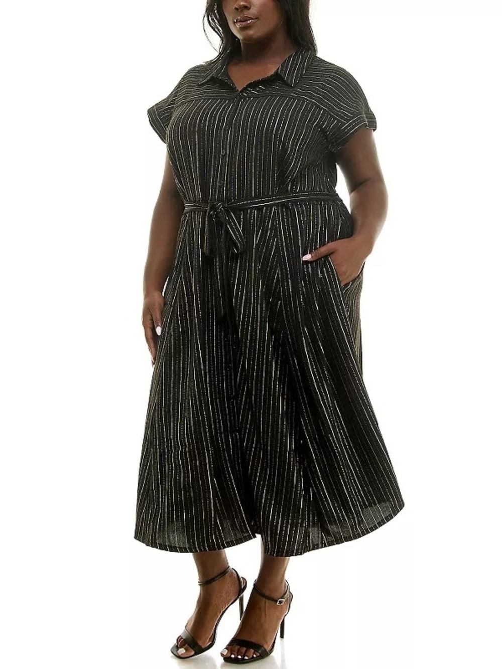 Nina Leonard Black Metallic-Striped Midi Shirt Dress with Tie Waist